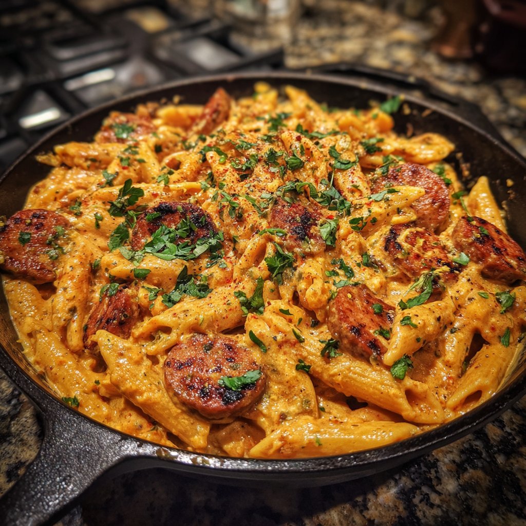 One Pot Cajun Sausage Pasta with Tomato Cream Sauce